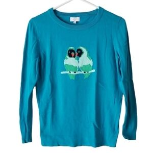Crown & Ivy Women's Teal Blue Parrot Print Crewneck Sweater Size PM